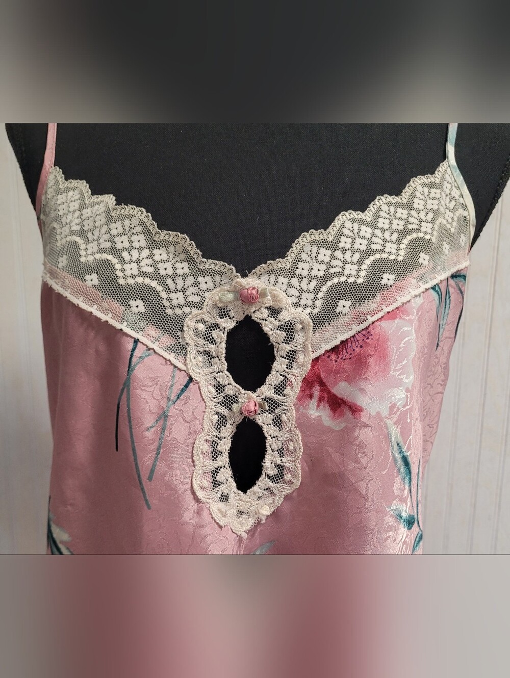 90s Vintage Angelique Pink Floral Jacquard Nightie Size Medium - Picture 5 of 11